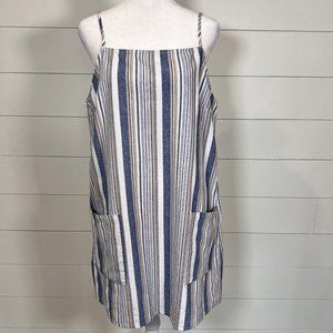 LuLu's White Blue Khaki Linen Blend Sleeveless Striped Apron Jumper Dress Sz L